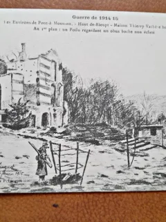 Carte postala, desen uerre de 1914-15, 1 es Enviros de Pont a Mousson, 1916