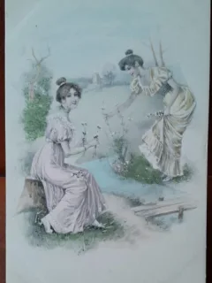 Carte postala, doua prietene, desen, perioada interbelica