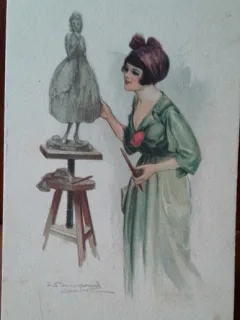 Carte postala, femeie artista, perioada interbelica