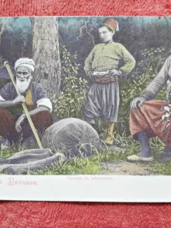 Carte postala, grup de lucratori la Brousse, inceput de secol XX