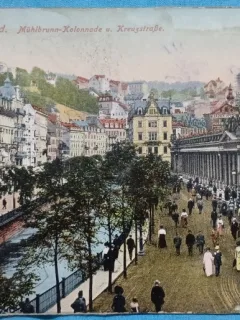 Carte Postala, Karisbad (Karlovy Vary). Colonada Morii și Strada Cross, perioada interbelica