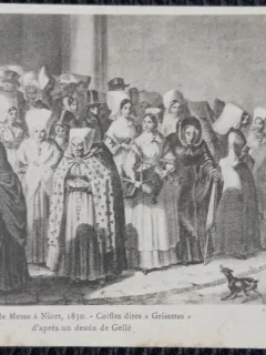 Carte postala, La Costume Poitevin, Sortie a messe a Nion 1850, perioada interbelica
