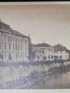 Carte postala, Lugoj, liceul C. Brediceanu si teatrul Grozavescu, perioada interbelica