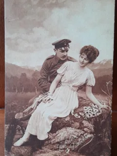Carte postala, militar cu iubita, perioada interbelica