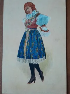 Carte postala, necirculata, desen tanara in costum traditional, perioada interbelica