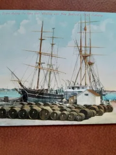Carte postala, Old Wharf, scene during the time that Whaling was BedfordsChief Industry, inceput de secol XX