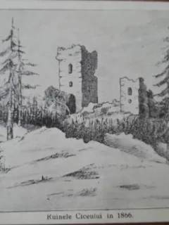 Carte postala, ruinele Ciceului in 1866