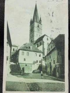 Carte postala, Sibiu, Biserica Evanghelica, lutherana dinspre str. Turnului, 1949