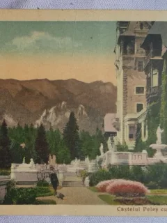 Carte postala, Sinaia, Castelul Peles cu terasa din fata, 1936