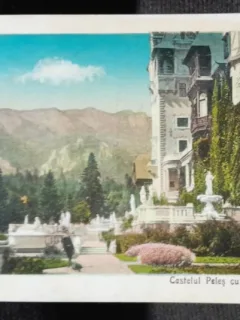 Carte postala, Sinaia, Castelul Peles cu terasa din fata, perioada interbelica