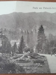 Carte postala, Sinaia, parcul Castelului Peles, perioada interbelica