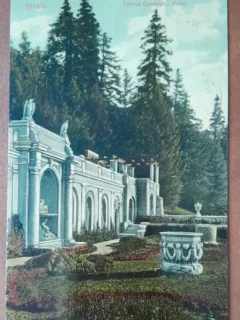 Carte postala, Sinaia, terasa Castelului Peles, perioada interbelica