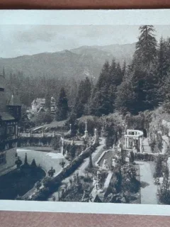 Carte postala, Sinaia terasele Castelului Peles, perioada interbelica