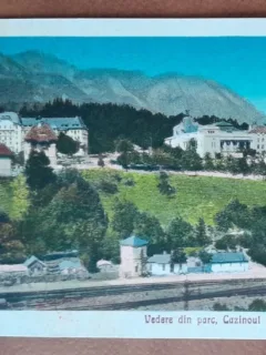 Carte postala, Sinaia. Vedere din parc, Cazxinoul si Hotel Palace, perioada interbelica