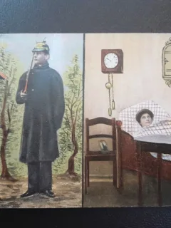 Carte postala, soldat si femeie in pat, inceput de secol XX