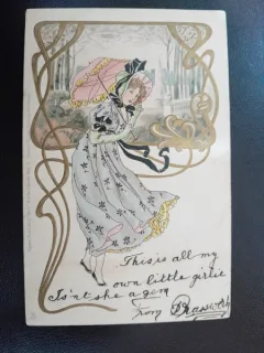 Carte postala tanara cu umbrela, inceput de secol XX