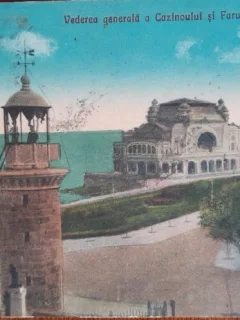 Carte postasla, Constanta, vederea generala a Cazinoului si Farul de pe bulevard, 1927