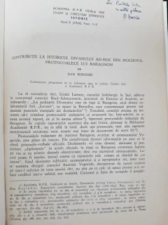 Contributii la istoricul divanului ad-hoc din Moldova. Protocoalele lui Baragnon - Dan Berindei  cu dedicatie