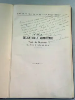 DESPRE OBLIGATIUNILE ALIMENTARE - MARIN D. STANESCU (TEZA DE DOCTORAT)  CU DEDICATIE