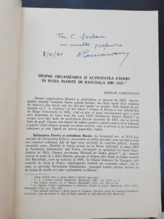 Despre organizarea si activitatea Eteriei in Rusia inainte de Rascoala din 1821 - Nestor Camariano  cu dedicatie