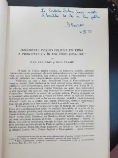Documente privind politica externa a Principatelor in anii Unirii (1859-1861) - Dan Berindei, Ioan Vlasiu  cu dedicatie Dan Berindei