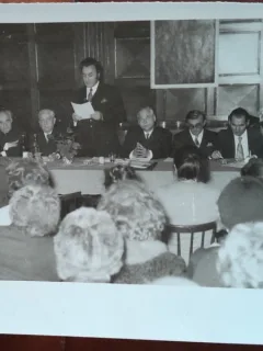 Fotografie de la Sedinta festiva a sarbatoririi lui Aurel Cosma, 1971, Alexandru Jebeleanu, Petru Vintila si altii
