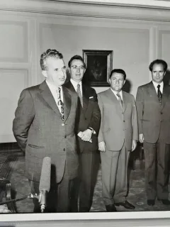 Fotografie, Nicolae Ceausescu cu Manea Manescu, Ilie Verdet si Cornel Burtica