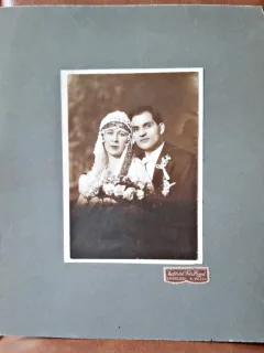 Fotografie pe carto, portret mire si mireasa, 1929