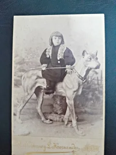 Fotografie pe carton, baiat pe caine, cca 1900