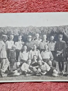 Fotografie tip carte postala, echipa de fotbal formata din militari, perioada interbelica