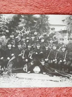 Fotografie tip carte postala, fanfara militara, perioada interbelica