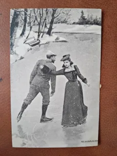 Fotografie tip carte postala, la patinaj, 1902