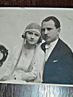 Fotografie tip Carte Postala, mireasa cu mire, perioada interbelica, necirculata