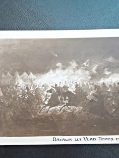 Fotografie tip Carte Postala, reproducere tablou Aman Batalia lui Vlad Tepes cu facle, necirculata