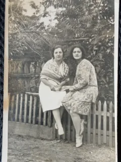 Fotografie tip Carte Postala, Romania, doua femei stand pe un gardulet, la tara, 1929