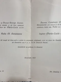 Invitație de nuntă din 1927 – București (familiile Boltuș și Goruneanu)