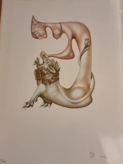 Jules Perahim, L Alphabet – Woman and Lion / Kaf – litografie originala