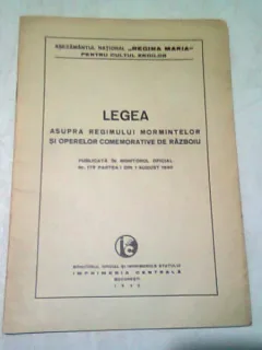 LEGEA ASUPRA REGIMULUI MORMINTELOR SI OPERELOR COMEMORATIVE DE RAZBOIU/ AUGUST 1940