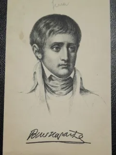 Napoleon Bonaparte locotentent, gravura alb negru tip carte postala