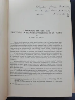 O inscriptie din 1397-1398 privitoare la stapanirea turceasca de la Turnu - H.Chirica, C.Balan  dedicatie H.Chirica