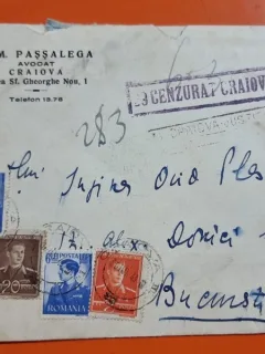 Scrisoare și plic original (1943) – Avocat Dem. Passalega către Ing. Ovid Pleșoianu, Cenzura Militară Craiova și timbre Regele Mihai I