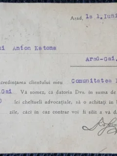 Somatie de plata pentru cheltuieli avocatesti, 1940
