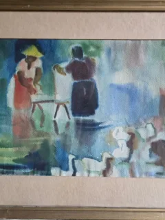 Tablou Jozsef Bene - Cu rufele la rau (acuarela)