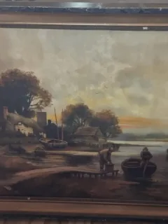 Tablou - Peisaj fluvial cu bărci și pescari, semnat Béatrice, datat 1911