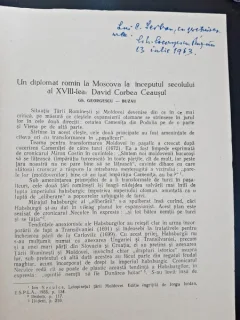Un Diplomat roman la Moscova la inceputul secolului al XVIII-lea David Corbea Ceausu- Gh. Georgescu-Buzau  cu dedicatie