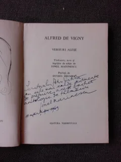 VERSURI ALESE - ALFRED DE VIGNY, TRADUCERE DE IONEL MARINESCU  (CU DEDICATIA TRADUCATORULUI PENTRU PETRU VINTILA)