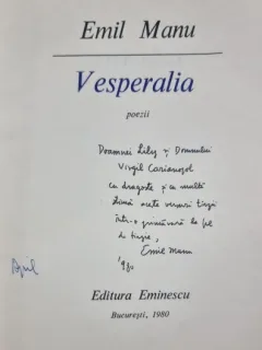Vesperalia - Emil Manu (cu dedicatia autorului pentru scriitorul Virgil Carianopol si sotia sa, Lily)