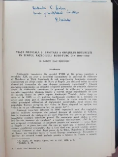 Viata medicala si sanitara a orasului Bucuresti in timpul razboiului ruso-turc din 1806-1812 - G. Barbu, Dan Berindei  dedicatie Dan Berindei