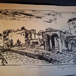 Gravura -  strazi din Bucuresti - epreuve lito/test lito, semnatura olografa Dragos Morarescu