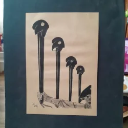Caricatura, desen original in penita si ceracolor, semnata Iosif Ross 1899 - 1974, defilare cu sepci germane, cu paspartu